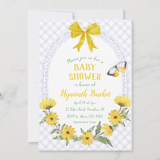 005 Iris Yellow Daisy Bow Gingham Baby Shower Invitation (Front)