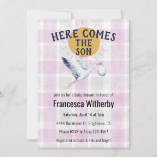 006 Wine 020 Fog Sun Plaid Stork Baby Shower Invitation