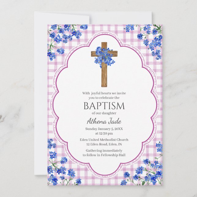 006 Wine Blossom Rustic Cross Design Baptism Invitation (Front)
