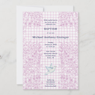 006 Wine Dove Botanical Cross Gingham Baptism Invitation