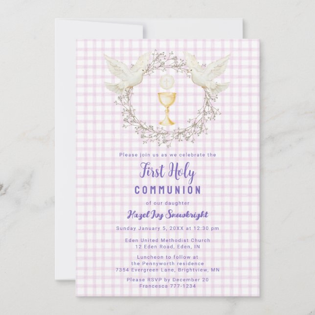 006 Wine Dove & Chalice Gingham 1st Communion Invitation (Front)