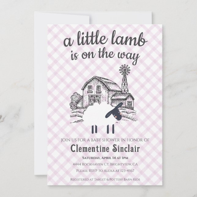006 Wine Purple A Little Lamb Gingham Baby Shower Invitation (Front)