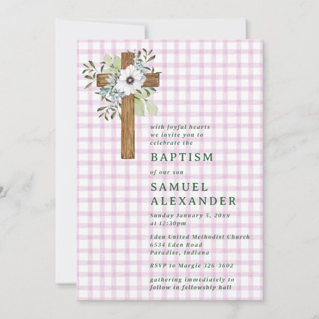 006 Wine Rustic Greenery Wooden Cross Baptism Invitation (Front)