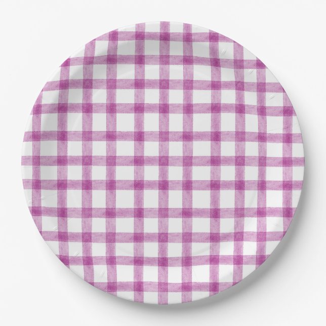 006 Wine Watercolor Gingham L Paper Plates (Front)