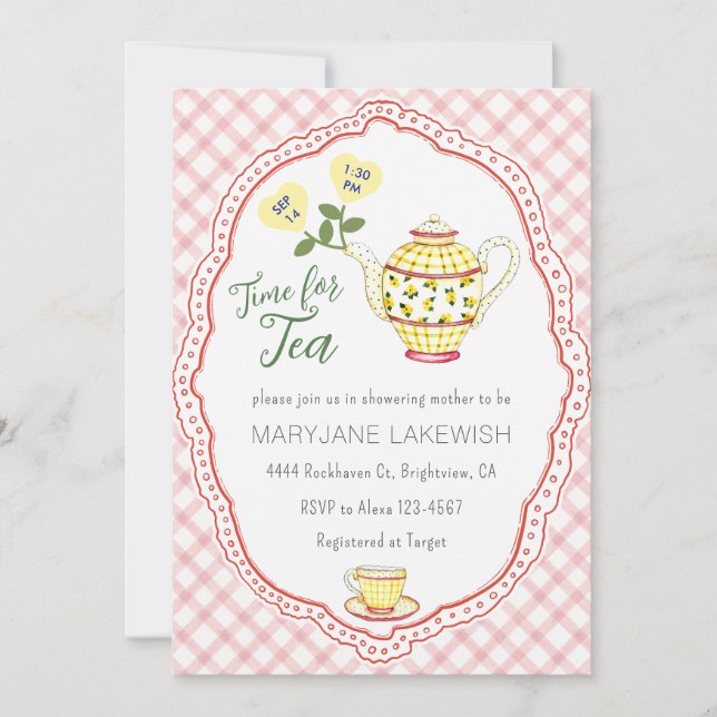 007 Red Cute Gingham Tea Party Baby Shower Invitation (Front)