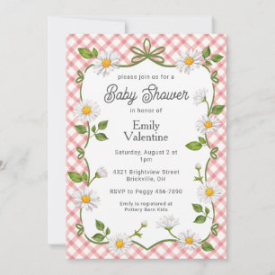 007 Red Floral Daisy Plaid Baby Shower Invitation