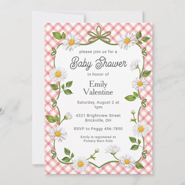 007 Red Floral Daisy Plaid Baby Shower Invitation (Front)