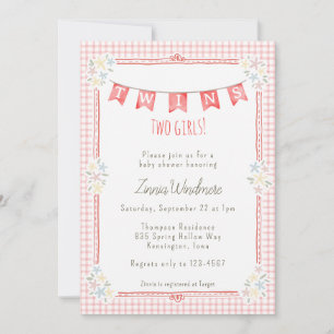 007 Red Gingham Floral Twins Baby Shower Invitation
