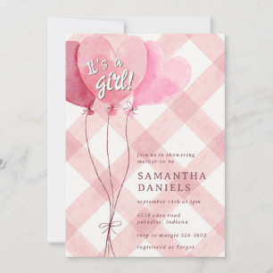 007 Red Heart Balloon Gingham Baby Shower Invitation