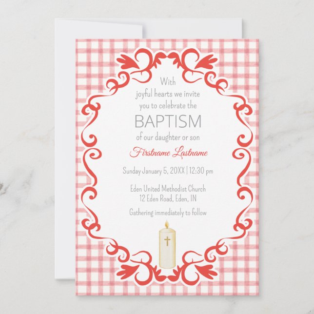 007 Red Scroll Gingham Cross Candle Baptism Invitation (Front)