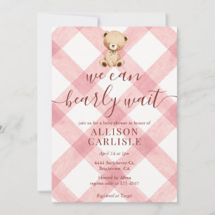 007 Red Teddy Bear Gingham Baby Shower Invitation
