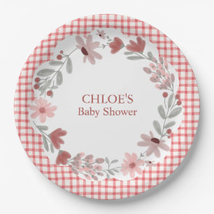 007 Red Wildflower Bow Frame Gingham Paper Plate