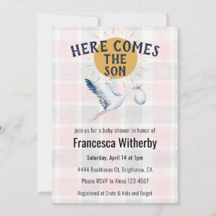 008 Blush 020 Fog Sun Plaid Stork Baby Shower Invitation