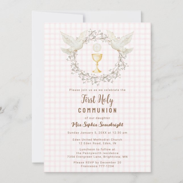 008 Blush Dove & Chalice Gingham 1st Communion Invitation (Front)