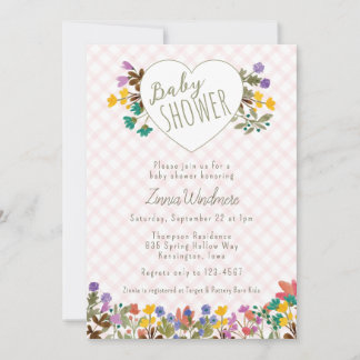 008 Blush Gingham Garden Heart Floral Baby Shower Invitation