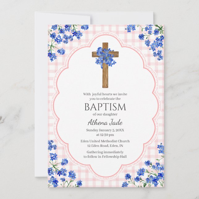 008 Blush Pink Blossom Rustic Cross Design Baptism Invitation (Front)