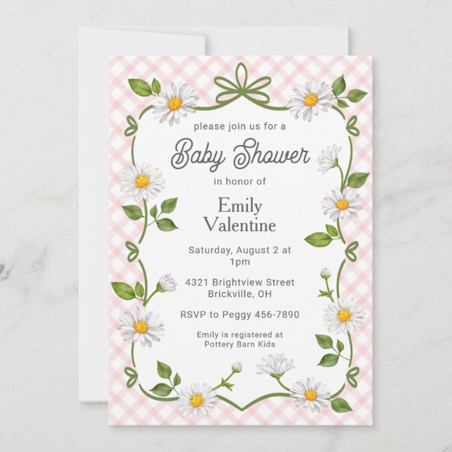 008 Blush Pink Floral Daisy Plaid Baby Shower Invitation (Front)
