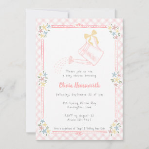 008 Blush Pink Gingham Watering Can Baby Shower Invitation