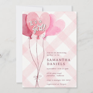 008 Blush Pink Heart Balloon Gingham Baby Shower Invitation