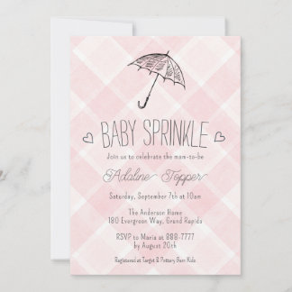 008 Blush Pink Plaid Umbrella Baby Sprinkle Shower Invitation