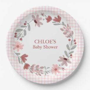 008 Blush Pink Wildflower Bow Frame Gingham Paper Plate