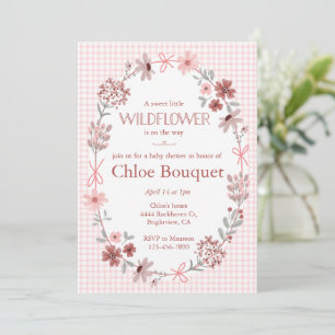008 Blush Pink Wildflower Bow Gingham Baby Shower Invitation