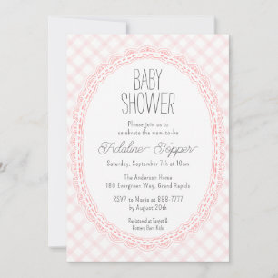 008 Blush Vintage Lace Frame Gingham Baby Shower Invitation