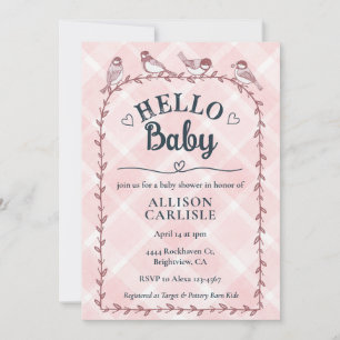 008 Blush Watercolor Gingham Birds Baby Shower Invitation