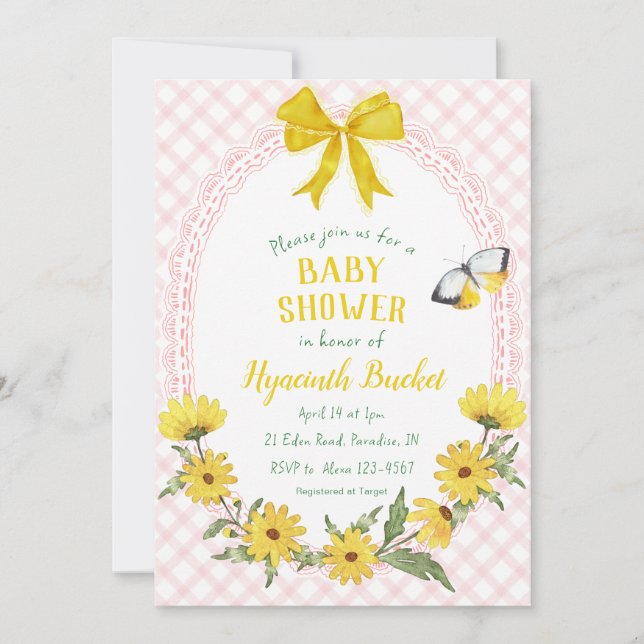 008 Blush Yellow Daisy Bow Gingham Baby Shower Invitation (Front)