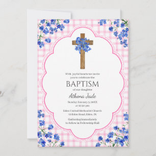 009 Fuchsia Blossom Rustic Cross Design Baptism Invitation