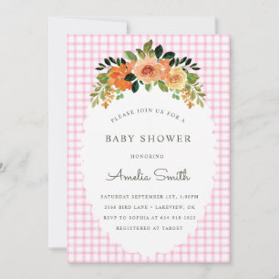 009 Fuchsia Floral Gingham Baby Shower Invitations
