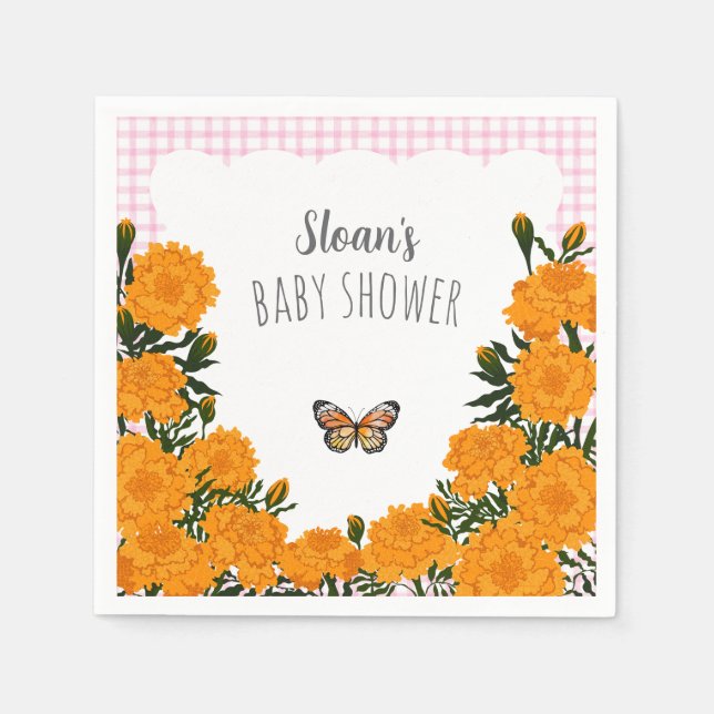 009 Fuchsia Marigold Gingham Baby Shower Napkin (Front)