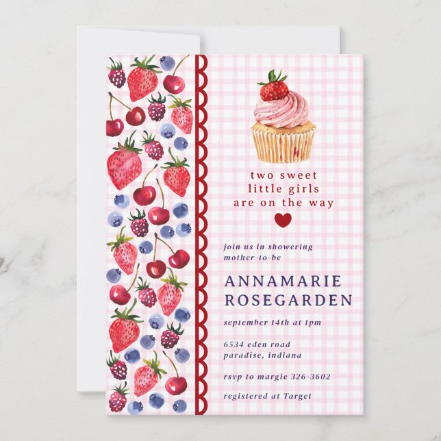 009 Fuchsia Pink Berry Patch Cupcake Baby Shower Invitation (Front)