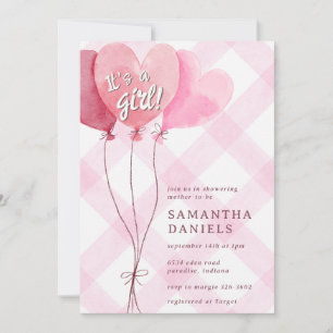 009 Fuchsia Pink Heart Balloon Gingham Baby Shower Invitation