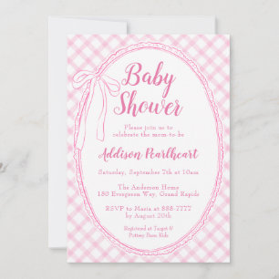 009 Fuchsia Pink Heirloom Lace Gingham Baby Shower Invitation