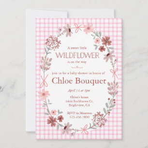 009 Fuchsia Pink Wildflower Gingham Baby Shower Invitation