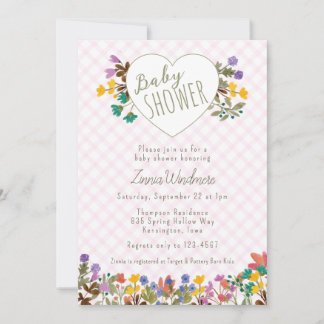 009 Fuchsia Plaid Garden Heart Floral Baby Shower Invitation