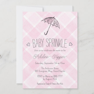 009 Fuchsia Plaid Umbrella Baby Sprinkle Shower Invitation
