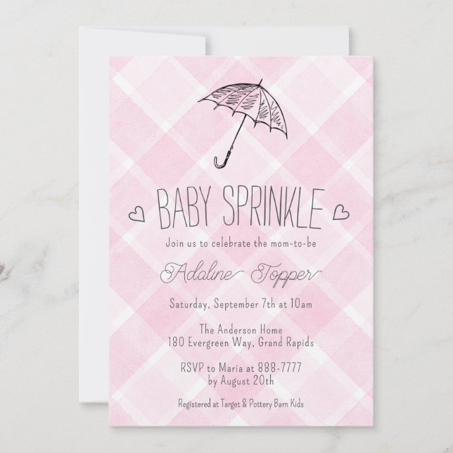 009 Fuchsia Plaid Umbrella Baby Sprinkle Shower Invitation (Front)