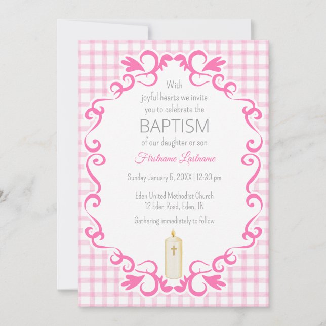 009 Fuchsia Scroll Gingham Cross Candle Baptism Invitation (Front)