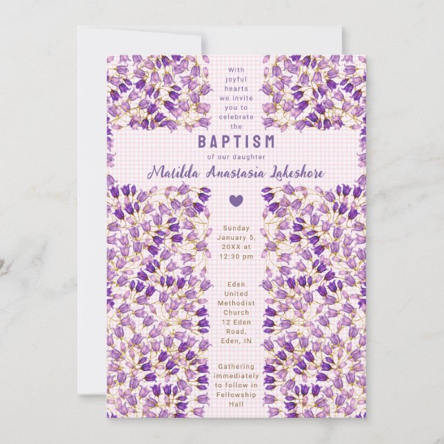 009 Fuchsia Stained Glass Garden Gingham Baptism Invitation (Front)