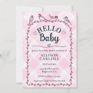 009 Fuchsia Watercolor Gingham Birds Baby Shower Invitation