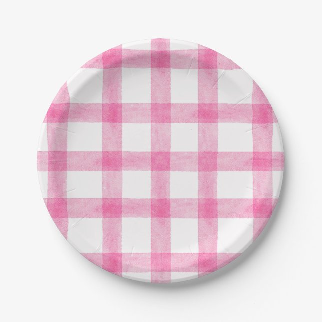 009 Fuchsia Watercolor Plaid Small Paper Plates (Front)