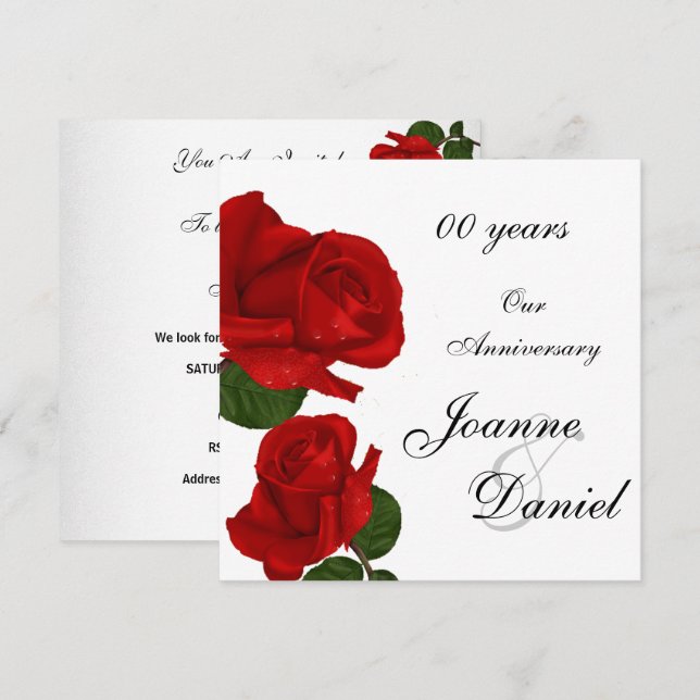 00 Anniversary Invite White Red Rose Flowers (Front/Back)