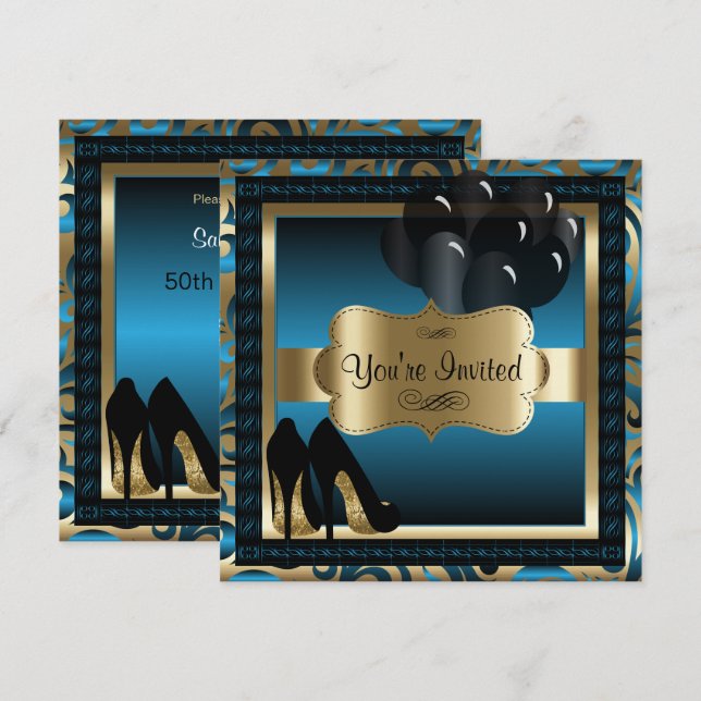 00th Birthday | Blue & Gold High Heels Invitation (Front/Back)