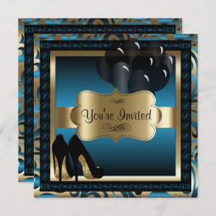 00th Birthday Blue & Gold High Heels Invitation