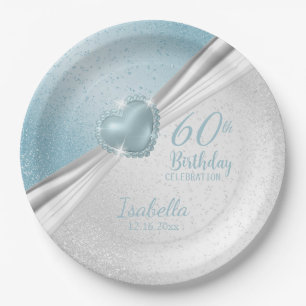 00th Birthday - Blue Heart & White Glitter Paper Plate