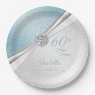 00th Birthday - Blue & White Glitter Paper Plate