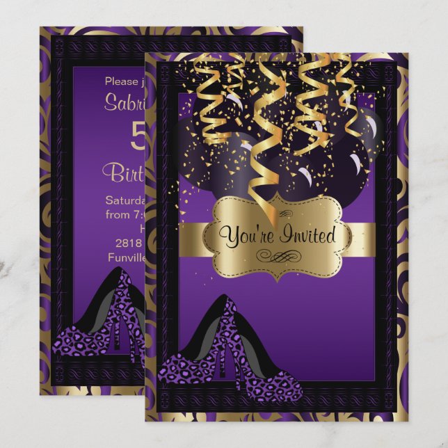 00th Birthday Party | Purple High Heels Leopard Invitation (Front/Back)