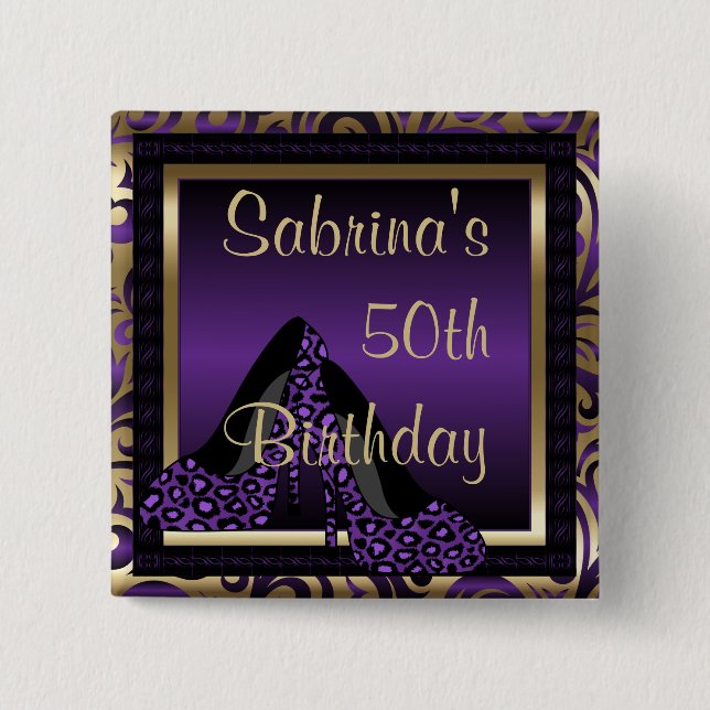 00th Birthday Party | Purple Leopard High Heels 15 Cm Square Badge (Front)